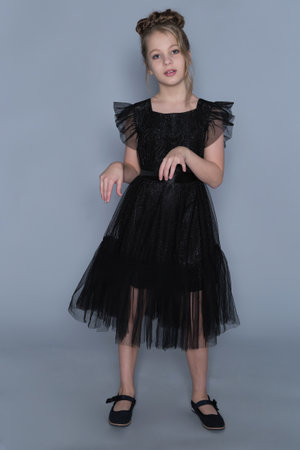 A girl gently lifts the sides of her black dress, showing off the dresss sheer layers and ruffled design. The scene emphasizes grace and confidence, showcasing the intersection of fashion and youthfulness.の写真素材