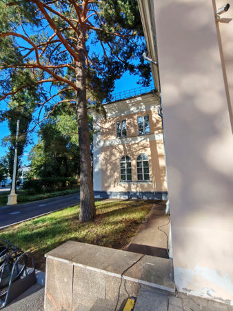 A side view of a classical structure with arched windows and textured surfaces, partially framed by a tall tree. The photo emphasizes the balance between built environments and green spaces.の写真素材