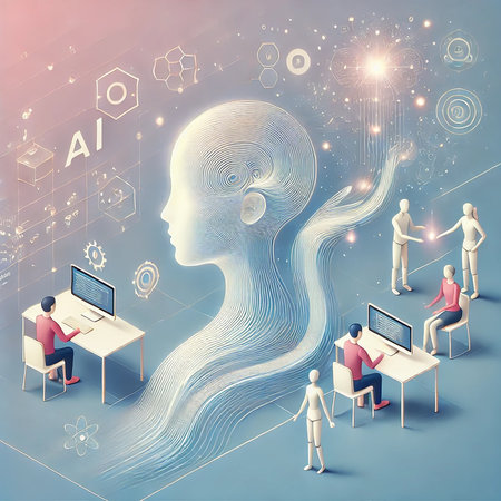 complex futuristic illustration representing AI innovation, featuring a holographic human figure surrounded by symbols of artificial intelligence, technology, and human-machine interaction.の素材