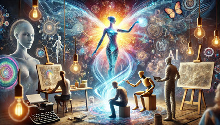 complex futuristic illustration representing AI innovation, featuring a holographic human figure surrounded by symbols of artificial intelligence, technology, and human-machine interaction.の素材