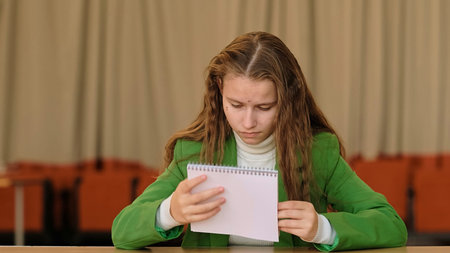 A focused schoolgirl checks a notebook page at a classroom desk, calm tones and natural light...