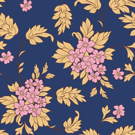 The pink flower and yellow leafs on dark blue background. Seamlessのイラスト素材