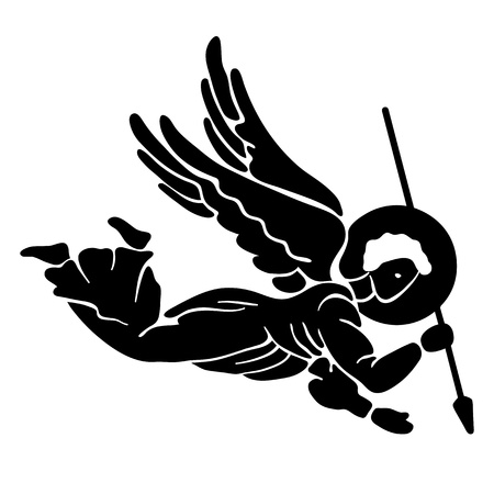 Black silhouette of flying angel with spearのイラスト素材