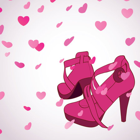 Female shoes on flying hearts backgroundのイラスト素材