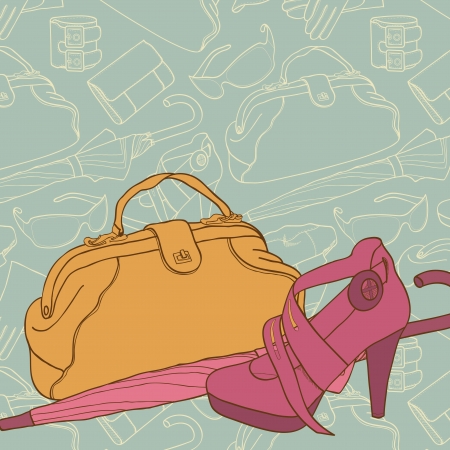Shopping background in retro style  Bag, umbrella, shoes on retro patternのイラスト素材