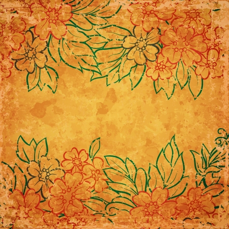 Vintage floral card on old paper sheet with grunge texture.  blend mode, transparency usedのイラスト素材