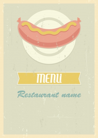 Mid century restaurant menu cover. Retro menu with sausage on plate. のイラスト素材