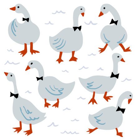 Collection of gentlemen geese. Vector illustration of cartoon geese with bow ties in various actions: standing, jumping, running, walking. Isolated on white.のイラスト素材