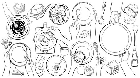 Outline of chef hands isolated on white background. Female hands holding kitchen utensils. Plate, spatula, blender, spoon, fork, flour, salt, butter, cookies, milk, cream, honey and other products for menuのイラスト素材