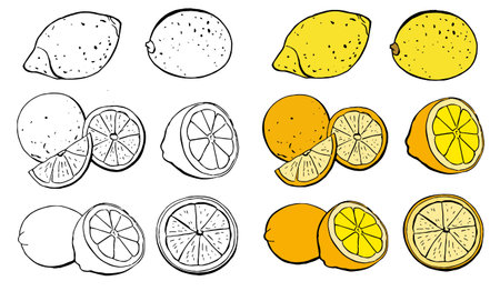 Tropical fruit set. Oranges, pomelo, grapefruit, lemon, half and whole. Collection of delicious citrus fruits designer elements for packaging of juice breakfast health foodのイラスト素材