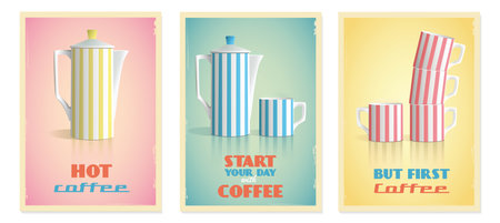 Coffee poster set vector illustration for cafe and restaurant menus. Design illustration in minimalistic style. Coffee pot, pot, coffee mug. Packaging design for shop.のイラスト素材
