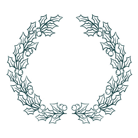 Christmas holly leaves and berries wreath, holly tree floral border, vector hand drawn isolated line art botanical frame for greeting cards and invitationsのイラスト素材