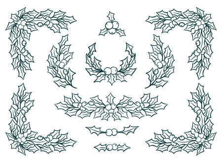 Christmas holly wreaths set. Modern design for Holidays invitation card, poster, banner, greeting card, postcard, packaging, print. Vector illustration.のイラスト素材