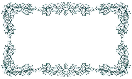 Christmas holly garland frame. Modern border for winter holidays invitation card, poster, banner, greeting card, postcard, packaging, print. Vector illustration.のイラスト素材