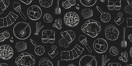Chalkboard seamless pattern with cupcake recipe product on blackboard background - eggs, honey, nuts, flour, baking soda and other baking ingredients. Vector hand-drawn illustration for bakeries, cafeのイラスト素材