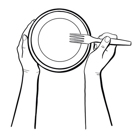 Chef hands holding a plate and fork, outline vector doodle illustration vector sketch for food banners, cafes, restaraunt, cooking courses. Cooking gesturesのイラスト素材