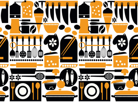 Kitchen tools seamless pattern. Vector cook utensil signs in minimalist flat style on white background. Illustration for cover design, food package, menu, background, cafe wall, coffee shop, banners.のイラスト素材