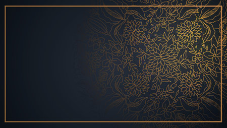 Golden floral mandala on black background for wallpaper, gift paper, fabric print, furniture, curtains. Mandala design element.のイラスト素材
