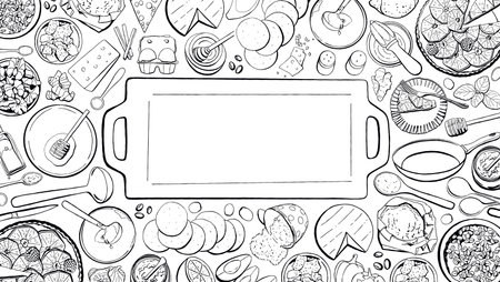 Cooking flayer template line. Food ingredients and tools isolated on white background. Kitchen utensils and place for your textのイラスト素材