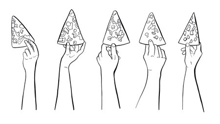 Culinary gestures with human hands taking pizza slices. The division of the pizza. Concept of eating a meal. Linear food drawing vector graphic illustration set.のイラスト素材