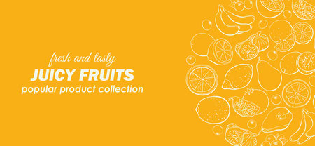 Healthy food background top view with doodle fruits on yellow background. Food menu design template vector illustration. Farm market design.のイラスト素材