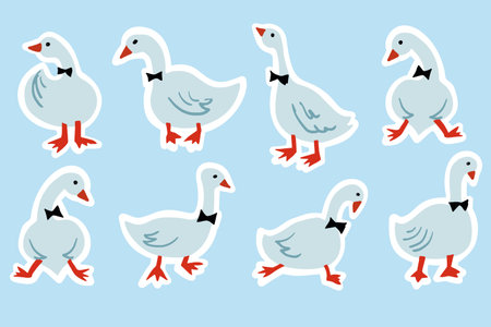 White goose birthday card design. Vector cute bird isolated set element design on blue background. Funny birthday clip art illustration. Goose sticker set.のイラスト素材