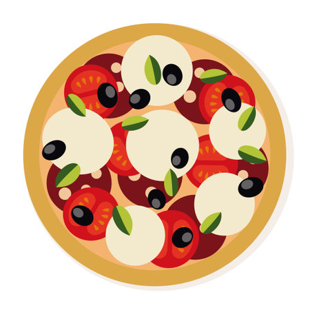 Pizza icon. Italian fast food flat vector illustration. Pizza with mozzarella, olives, tomatoes and basil isolated on whiteのイラスト素材