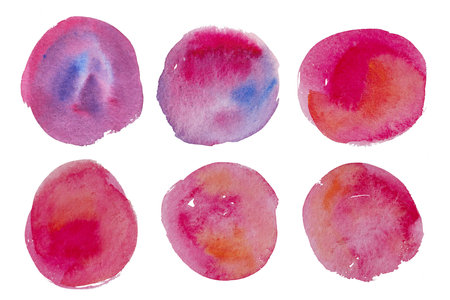 Red watercolor paint circles. Hand paint ink spots set. Art abstract stroke dots drawing. Brush watercolor circles on rough paper.の写真素材