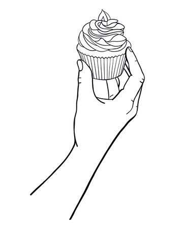 Human hand holding cupcake with cream. Food doodle vector illustration for holiday. Hand gestures drawing for cafe, menu, restaurantのイラスト素材