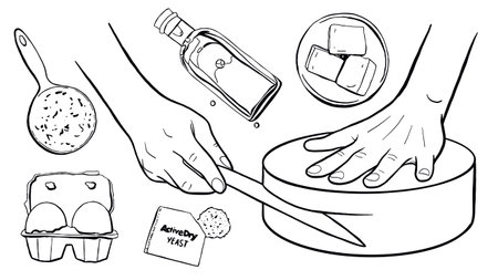 Baking line set. Pastry chef hands cutting biscuit with knife. Ingredients for making biscuit. Black food vector illustration.のイラスト素材