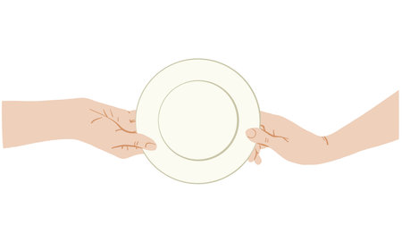 Human hands holding plate top vector flat illustration on white background. Two people pass a plate to each other. Hand gesture and cooking illustrationのイラスト素材