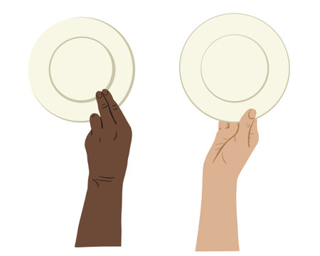 African and Asian hands holding empty plate top view flat illustration. Human hands cooking gestures vector illustration for cafe, menu, banner templateのイラスト素材