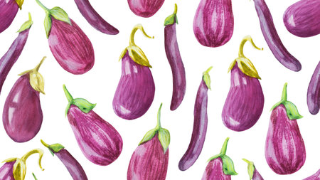 Watercolor eggplant seamless pattern. Fall harvest background with different vegetables of wrapper, packaging, farm market banner, menuの写真素材