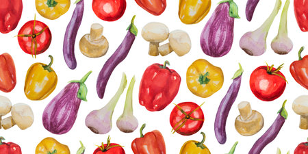 Watercolor vegetable seamless pattern. Fall harvest illustration with eggplant, tomatoes, garlics, onions, mushrooms on white backgroundの写真素材