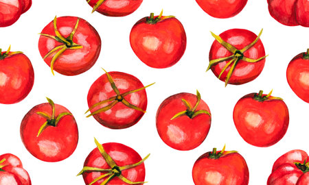 Watercolor tomatoes seamless pattern. Fall harvest background with different vegetables of wrapper, packaging, farm market banner, menuの写真素材