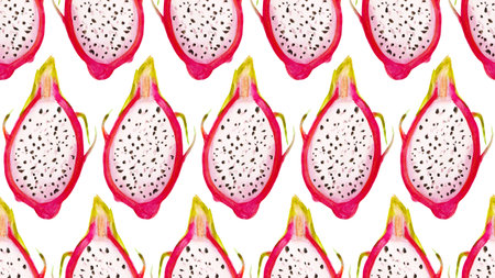 Seamless pattern with dragon fruits, pitaya slice background. Hand drawn watercolor illustration for summer romantic cover, tropical wallpaperの写真素材