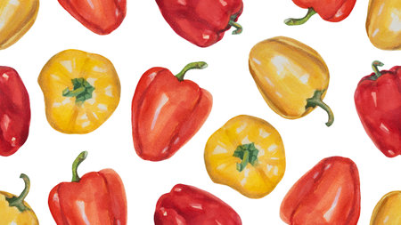 Watercolor bell pepper seamless pattern. Fall harvest background with vegetables of wrapper, packaging, farm market banner, menuの写真素材