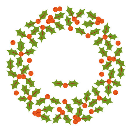 Holly leaves and berries wreath in flat style for winter holiday graphic design, greeting card, invitation, postcard. Vector illustration isolated on whiteのイラスト素材