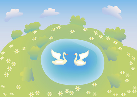 White geese and blue lakeのイラスト素材