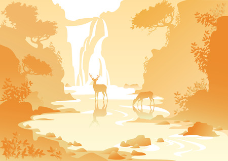 yellow mountain landscape with a waterfall and deerのイラスト素材
