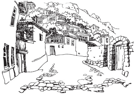 Illustration of the black and white design of the old city. Sketch, hand drawn with ink.のイラスト素材