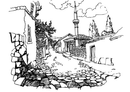 Illustration of the black and white design of the old city. Sketch, hand drawn with ink.The view from the minaretのイラスト素材