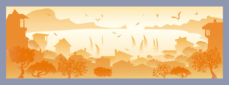 Golden landscape with small town, with sailboats and seagulls flyingのイラスト素材