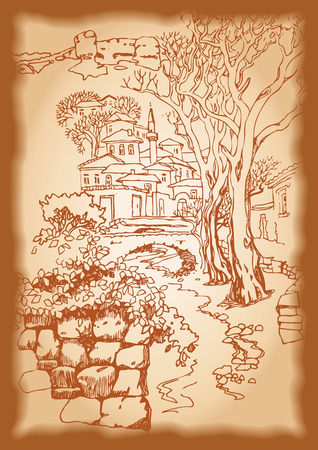 Design of the  Bakhchysarai city in the mountains. Sketch, hand drawn with ink. Engraved retro style, effect of sepiaのイラスト素材