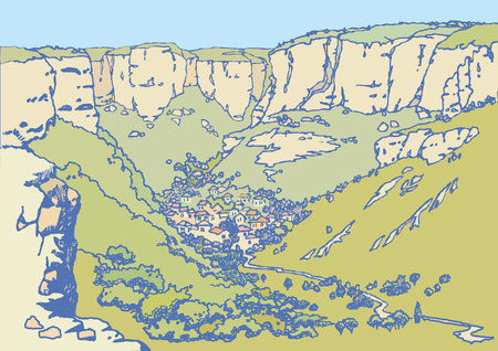 Design of the  Bakhchysarai city in the mountains. Sketch, hand drawn.のイラスト素材