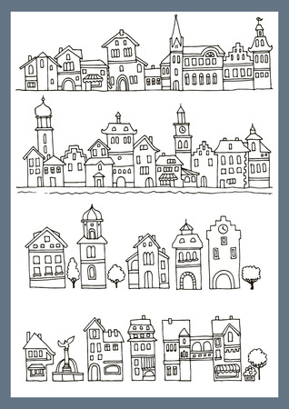 Set of different color and shape old houses. Facades of houses in the traditional Dutch style. Illustration of the black and white, Sketch, hand drawn with ink.のイラスト素材