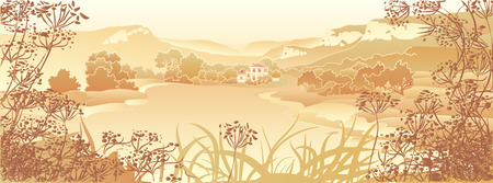 View of the valley with a wide road and the manorのイラスト素材