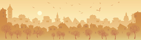 Cityscape Skyline.  Panorama of the Big City. Urban Background with City Park in Shades of Yellowのイラスト素材