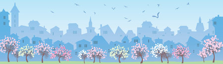 Cityscape skyline.  Panorama of the big city. Urban background with city Parkのイラスト素材