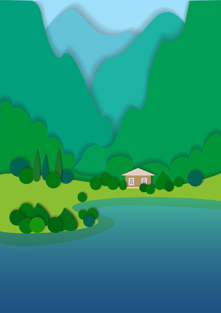Flat design nature landscape illustration with blue and green mountains,  trees and clouds.House at the lake. Summer timeのイラスト素材
